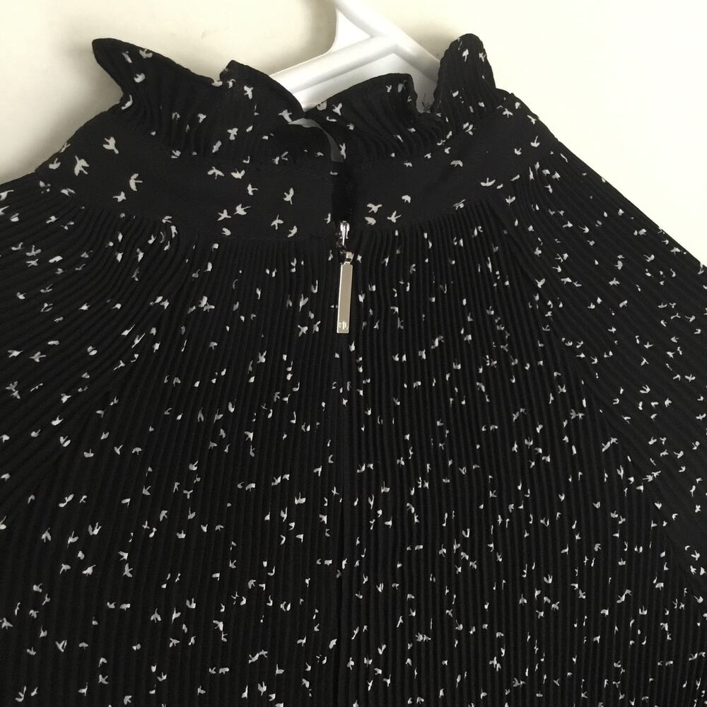 Lauren Ralph Lauren Pleated Long Sleeve Chiffon Black/White Birds Blouse Sz PXS - Picture 3 of 9